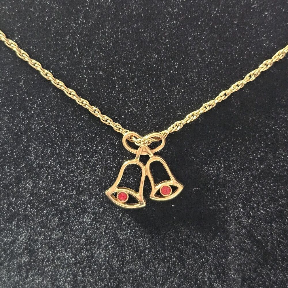 Gold Tone Avon Holiday Bells Pendant Necklace 17"